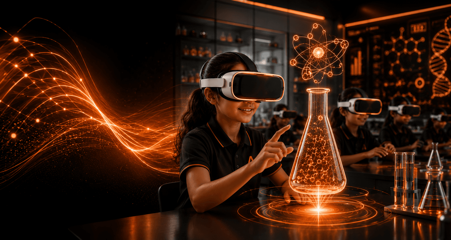 Abhigyaan immersive classroom — a student exploring a VR science lab