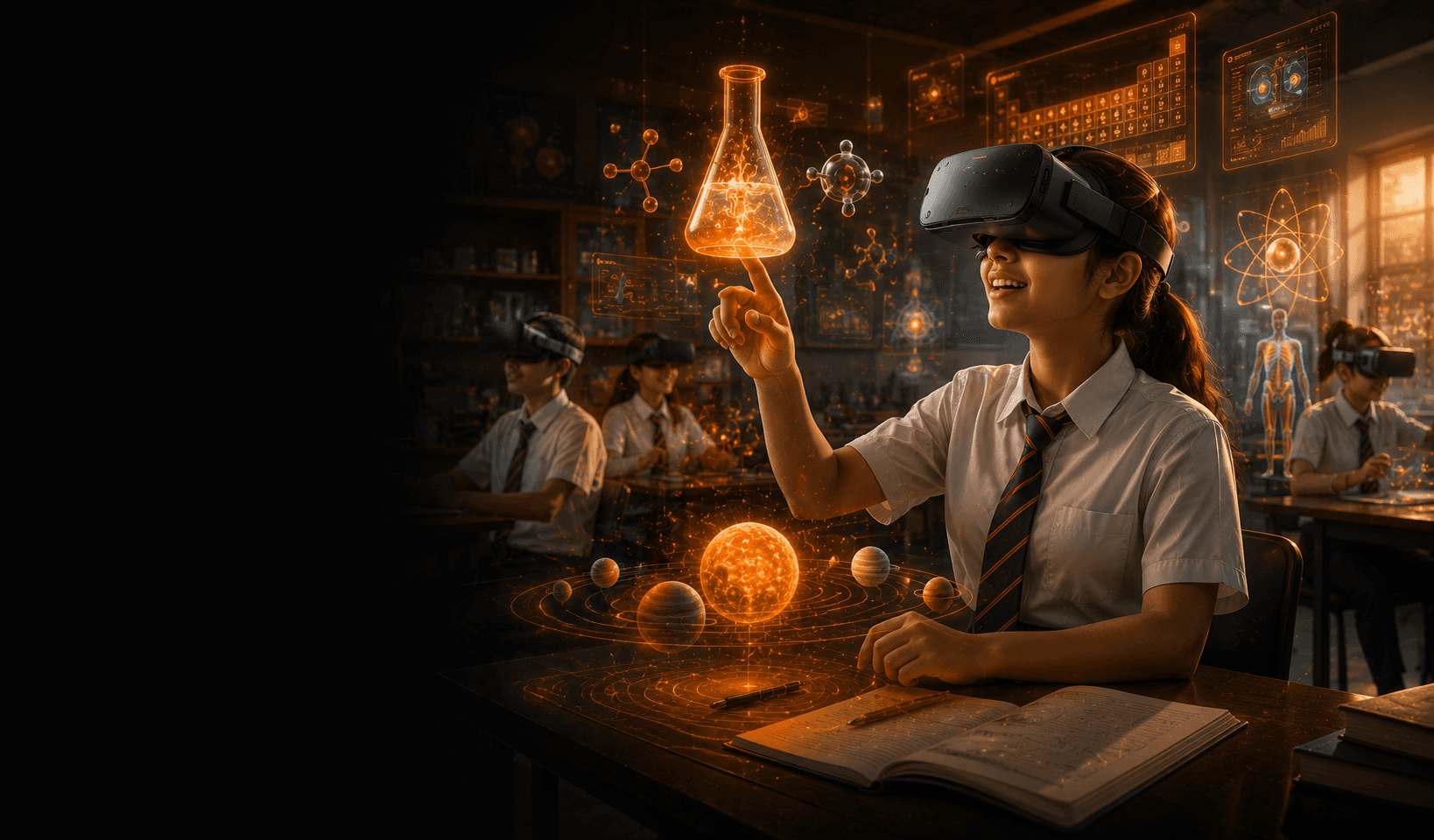 A student exploring an immersive VR chemistry lab on Abhigyaan